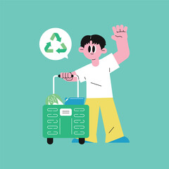 Person promoting recycling and eco-friendly shopping with a cart full of groceries.