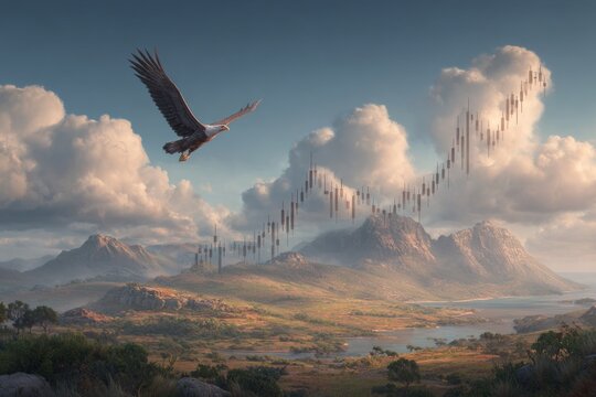 Eagle Soaring Over Mountains With Stock Market Graph