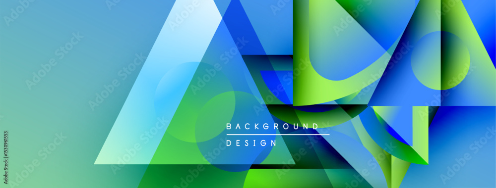 Poster abstract geometric shapes overlap. blue, green hues dominate design. modern aesthetic, vibrant color