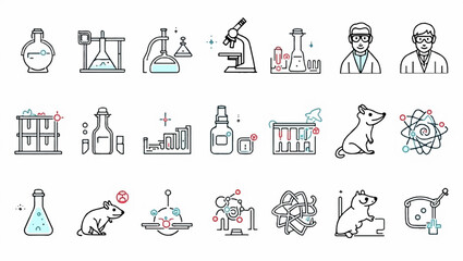 Line icon set featuring various laboratory equipment and science tools including a microscope, beakers, a scientist, test tubes, molecules, and a lab mouse on a white background.