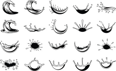  Wave water Icon Set, Water splashes logo, Abstract wavy ocean silhouette, liquid motion curves stripes swirls, vector illustration