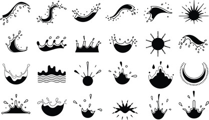 Wave water Icon Set, Water splashes logo, Abstract wavy ocean silhouette, liquid motion curves stripes swirls, vector illustration