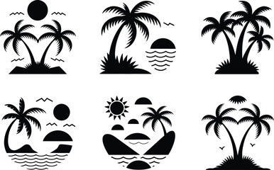 Tropical Island Vector Set, Palm Tree Silhouettes with Sun, Ocean Elements illustration