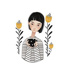 Monochrome Girl Illustration with Soft Color Accents – Stylized Hand Drawn Portrait