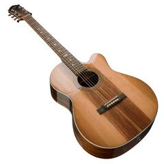 Fototapeta premium Beautiful acoustic guitar with wooden body and strings six song neck pegs on transparent background