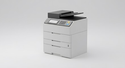 Digital rendering of a multifunction laser printer for modern business use. An isolated 3D image fx of office technology on a gray background.