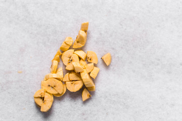 Top view of diced ripe plantains, dicing yellow plantains for frying, process for making fried plantain
