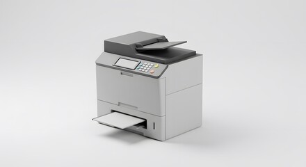 Modern multifunction office printer for printing and scanning documents, isolated on a clean white background.