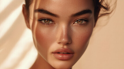Beautiful young woman with freckles in natural golden sunlight portrait, serene confident beauty concept for summer wellness and skincare advertising