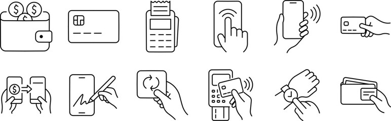 Digital Payment Stroke Icon Collection. Containing Wallet, NFC, Card Tap, Mobile Payment, and more icons. Editable Stroke icon collection in Outline Style.