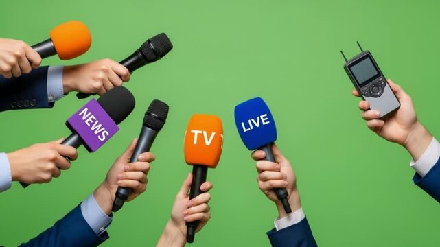 Hands holding microphones with news, tv, and live labels against a green colored background scene