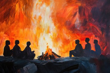 Silhouettes of People Gather Around a Campfire in a Vibrant Abstract Painting