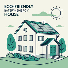 Eco house poster. Building with battery and solar panels. Renewable energy and sustainable lifestyle. Environmentally friendly energy. Landing webpage .