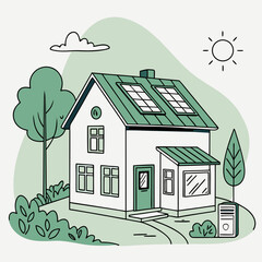Eco house poster. Building with battery and solar panels. Renewable energy and sustainable lifestyle. Environmentally friendly energy. Landing webpage .