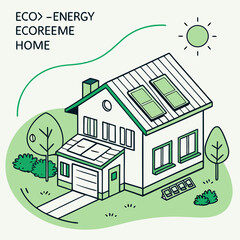 Eco house poster. Building with battery and solar panels. Renewable energy and sustainable lifestyle. Environmentally friendly energy. Landing webpage .