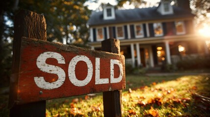 Obraz premium A sold sign stands in front of a charming, sunlit house with a porch, indicating a recent real estate sale in a suburban neighborhood.