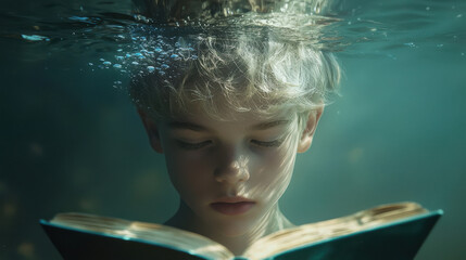 Young blonde reader submerged underwater holding open book surreal dreamy scene of knowledge and imagination