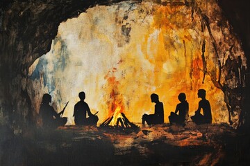 Silhouettes of People Gather Around a Campfire in a Vibrant Abstract Painting