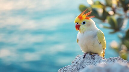 A vibrant cockatiel stands on a rocky surface, showcasing its unique plumage against a stunning backdrop of shimmering blue waters and lush greenery.