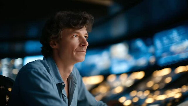 Scientist monitoring particle accelerator with control panel lights