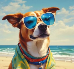 Illustration of funny animal, dog with sunglasses on sandy beach.