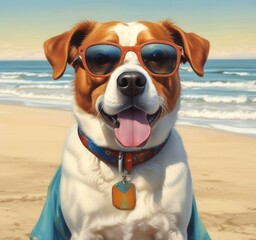 Illustration of funny animal, dog with sunglasses on sandy beach.