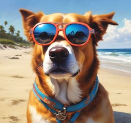 Illustration of funny animal, dog with sunglasses on sandy beach.
