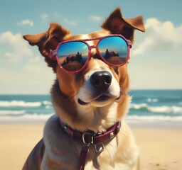 Illustration of funny animal, dog with sunglasses on sandy beach.