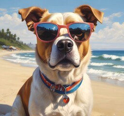 Illustration of funny animal, dog with sunglasses on sandy beach.