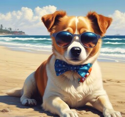 Illustration of funny animal, dog with sunglasses on sandy beach.