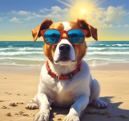 Illustration of funny animal, dog with sunglasses on sandy beach.