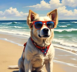 Illustration of funny animal, dog with sunglasses on sandy beach.