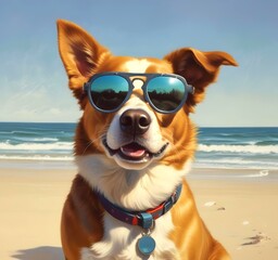 Illustration of funny animal, dog with sunglasses on sandy beach.