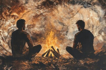 Silhouettes of People Gather Around a Campfire in a Vibrant Abstract Painting