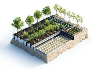 Technical schematic of a high-elevation tree nursery showing wind barriers, automated misting, layered soil warming systems, and native seedling trays in the context of plant nursery