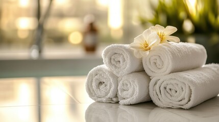 This inviting image shows a relaxing arrangement of white towels and a beautiful flower, ideally suited for enhancing the spa experience and promoting well-being.