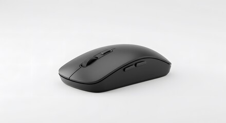 A sleek black wireless computer mouse with an ergonomic design, isolated on a plain white studio background.