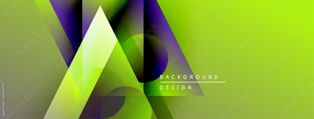 Poster abstract geometric shapes overlap, creating vibrant green, purple gradients. modern design suggests 