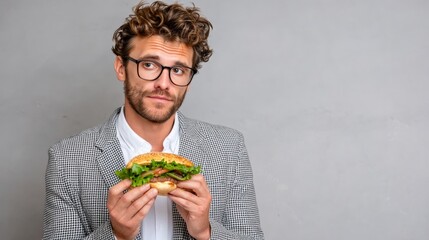 Young man with curly hair wearing glasses, holding a delicious sandwich filled with fresh vegetables and meat, showcasing a casual dining moment, expressing enjoyment and satisfaction in a neutral set