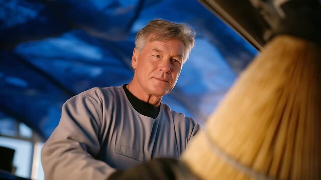 Technician replacing an air filter with vacuum tool and dust