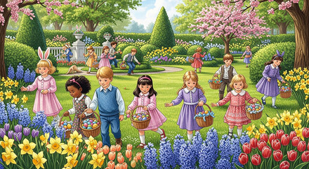 Fototapeta premium Children in a garden during Easter hunt, carrying baskets and wearing bunny ears, surrounded by flowers and trees.