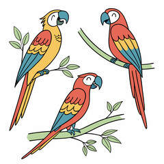 Colorful parrots set. Collection of exotic and tropical birds with bright feathers and beak. Wildlife of jungle and tropical forest. Cartoon flat vector illustrations isolated on white .