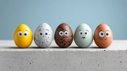 Colorful cartoon-style eggs with expressive faces arranged in a row on a textured surface against a soft blue background, showcasing playful character and whimsical design elements
