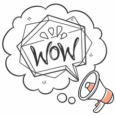 Hand drawn speech bubble. Abstract sticker with geometric shape and text. Irregular frame or thought cloud with quote. Wow lettering. Flat vector illustration in doodle .