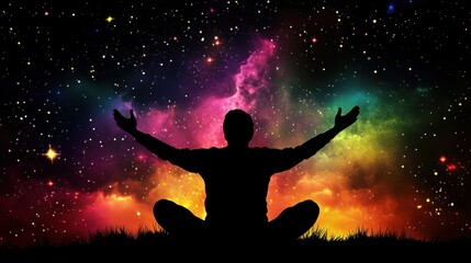 Naklejka premium A stunning silhouette of a person with arms raised amid vibrant cosmic colors, symbolizing freedom, exploration, and the vastness of the universe that inspires wonder.