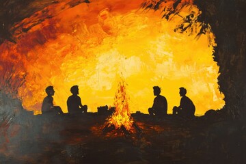 Silhouettes of People Gather Around a Campfire in a Vibrant Abstract Painting