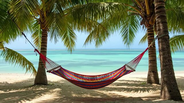 A colorful hammock strung between palm trees by a serene beach.