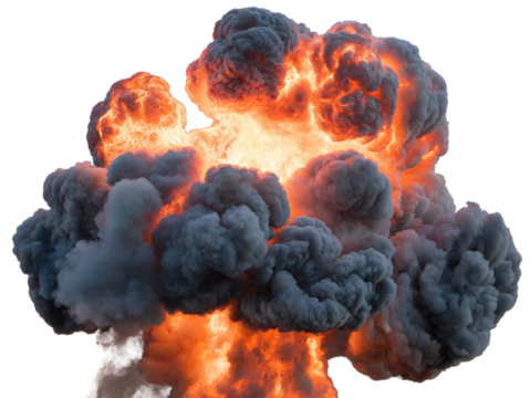 Dramatic fiery explosion with thick grey smoke clouds red hot fire burn on transparent background