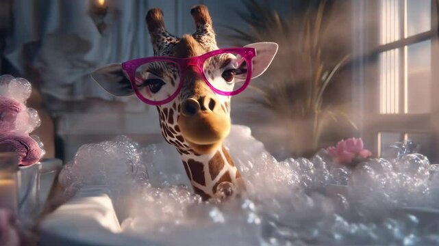 Playful giraffe in a bubble bath with pink glasses cartoon animals relaxing whimsical cute bath time illustration