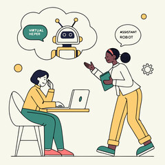 Meeting with robot concept. Artificial intelligence and machine learning. Men and women communicate and chatting with chat bot. Virtual helper and assistant. Cartoon flat vector .